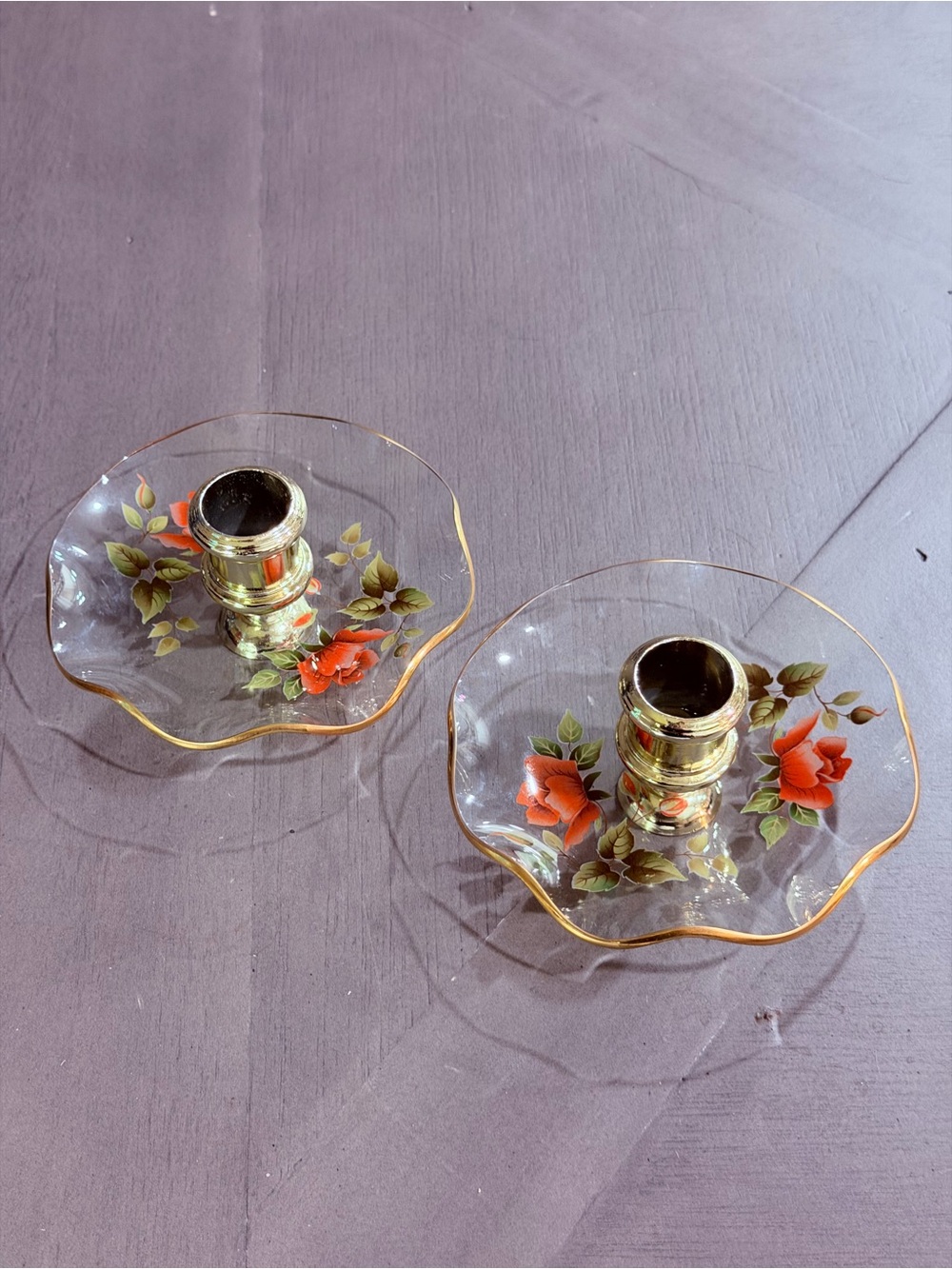 Glass Floral Gold-Trim Candle Holders - Red and Green